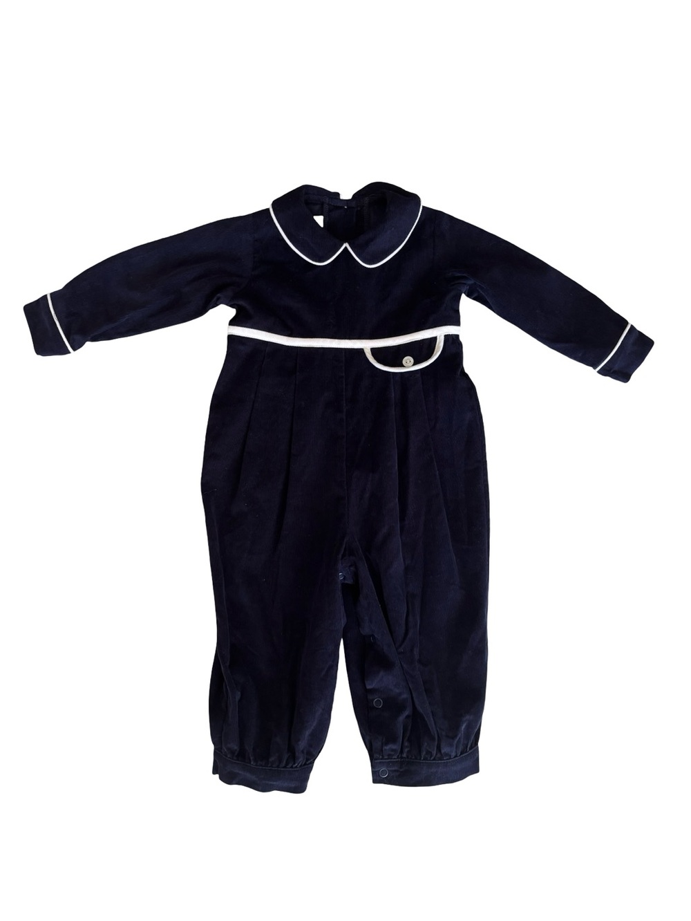 Little English Boys Navy Blue White Corduroy Long Sleeve One Piece Romper 12M